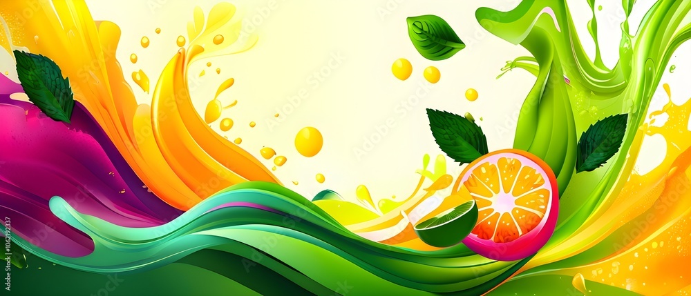 Wall mural a vibrant smoothie blending abstract shapes and colors, where layers of fruits and greens swirl toge