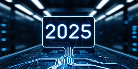 Illuminated circuit board displaying the year 2025 in a futuristic data center environment with glowing lines and technology
