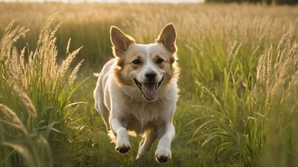 Dog running through a field of tall grass in golden light