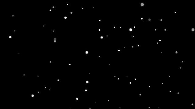 Seamless loop animation of simple snowflakes falling down. Soft round snowflakes in different sizes creating depth. Trendy blurry surface. Motion graphics in minimalist style isolated on black 