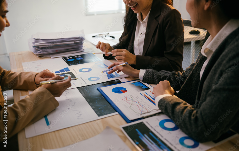 Poster Business team working together analyzing financial data using graphs and charts showing company performance during meeting in office, discussing new strategy for next quarter
