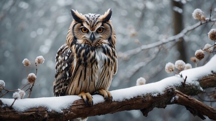 An owl perched on a snowy branch in a serene winter forest during early morning light