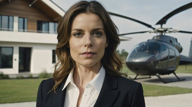 close up portrait of a business woman standing in front of a landed hellicopter on top of a luxurious modern house