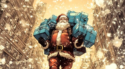 Comic book art picture of Santa Claus carrying many blue gift boxes on his back, in the city center during Christmas time and snowflakes falling from above.