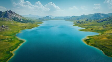Fototapeta premium Expansive view of vast freshwater lake breaking its natural barriers flooding lowlands and leading to widespread changes in climate and sea levels