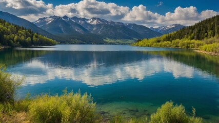 A tranquil lake reflects majestic mountains under a blue sky adorned with fluffy clouds during a sunny day in nature