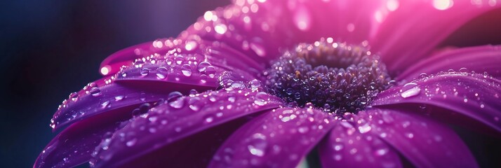 Fototapeta premium A purple daisy with water droplets clinging to its petals. The petals should be detailed, displaying their natural texture and rich purple color.