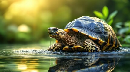 Obraz premium A Yellow-footed Tortoise Drinking Water in a Green Pond