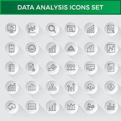 Data analysis line icons set. Analytics, server, mining, data filter, traffic, AI, hosting, monitoring. Statistics and analytics outline icons collection.