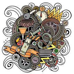 Auto Service cartoon vector illustration. Funny detailed composition with lot of Automotive objects and symbols