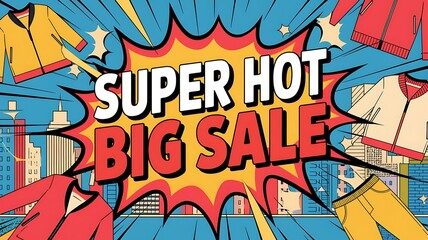 Comic Book Style Sale Announcement with Clothes and Cityscape