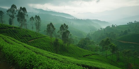 Obraz premium A lush green hillside with trees and a misty sky. The scene is peaceful and serene, with the mist adding a sense of calmness to the landscape