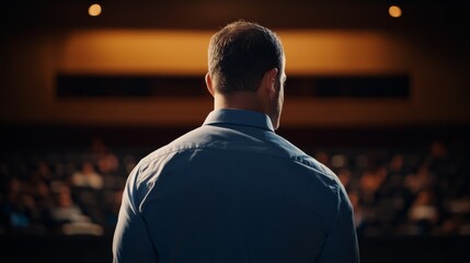 Fototapeta premium A man stands confidently on stage, addressing an unseen audience in a dimly lit, spacious theater, capturing the essence of public speaking and engagement.
