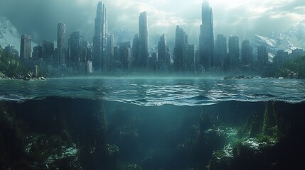 Fototapeta premium Underwater depiction of rising sea levels massive floods inundating coastal areas showcasing the environmental shifts during the Younger Dryas