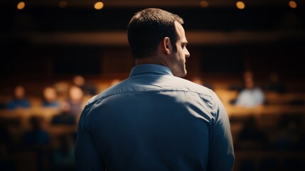Fototapeta premium A man, viewed from behind, stands confidently on stage in a dimly lit lecture hall, addressing an audience with focus and determination in a formal setting.