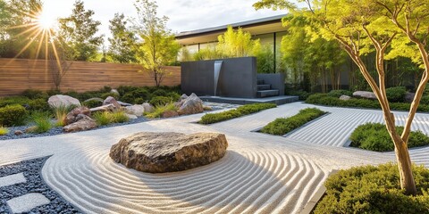 Obraz premium A small rock sits in the middle of a gravel area. The rock is surrounded by a white gravel area, and there is a tree in the background. The scene is peaceful and serene