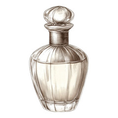 An elegant vintage perfume bottle with intricate detailing, featuring a round stopper, against a black background.