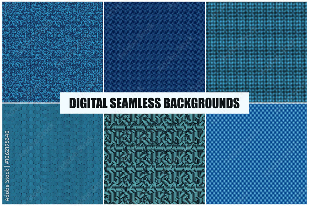 Poster collection of vector seamless geometric patterns. striped blue abstract digital technology endless b