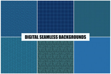 Collection of vector seamless geometric patterns. Striped blue abstract digital technology endless backgrounds. Creative minimalistic prints with small ornament. Detail material textures