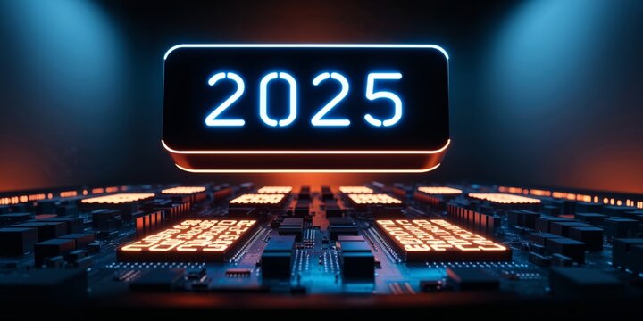 Futuristic computer chip design featuring glowing LED display of the year 2025 illuminated in a digital setting