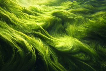 Obraz premium Flowing green seaweed beneath the surface of crystal-clear water