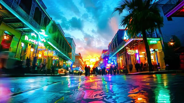 Vibrant Bourbon Street at Sunset: New Orleans Nightlife and Architecture. Mardi Gras festive illuminated city