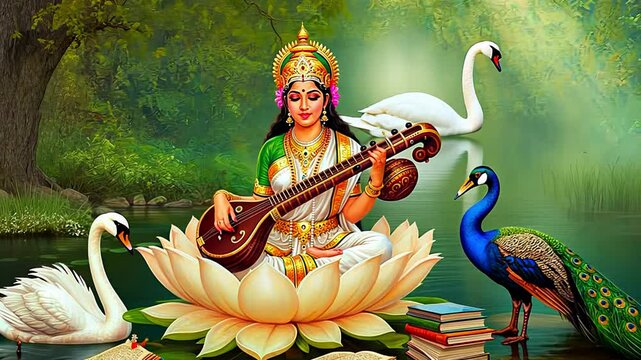 Goddess of Wisdom Seated on Lotus with Swan,Peacock, Veena, and Books in Tranquil Nature Setting. Vasant Panchami festival concept