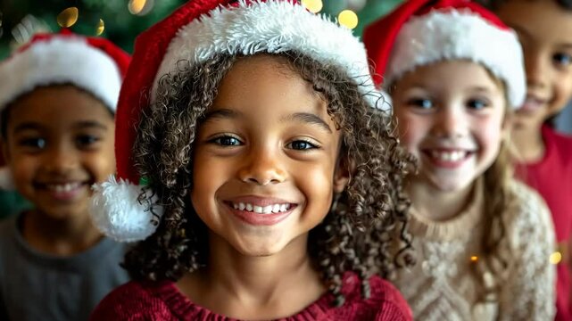 Joyful children wearing festive hats celebrate the holidays with smiles and laughter at a cozy indoor gathering