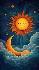 The sun and the moon in a cartoon style, with clouds in between them.