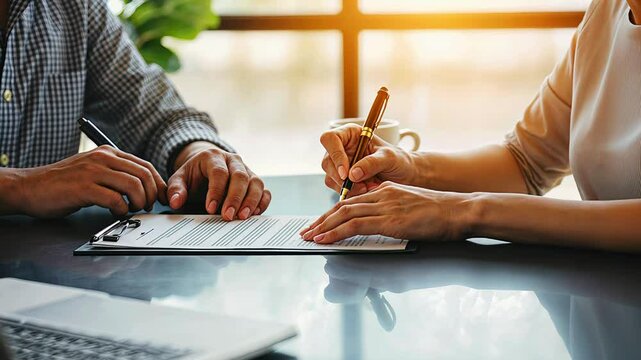 Two people are sitting at a desk with a laptop and signing documents