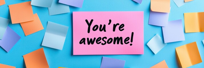 Bright multicolored sticky notes surrounding a central pink note featuring the uplifting message 'You're awesome!', creating a cheerful and motivational atmosphere.
