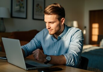 Man in Blue Shirt Works on Laptop,  Focused on Work