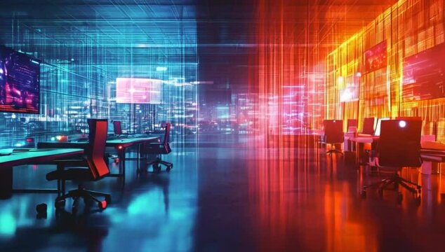 A futuristic office space divided by color, showcasing technology and digital environments.