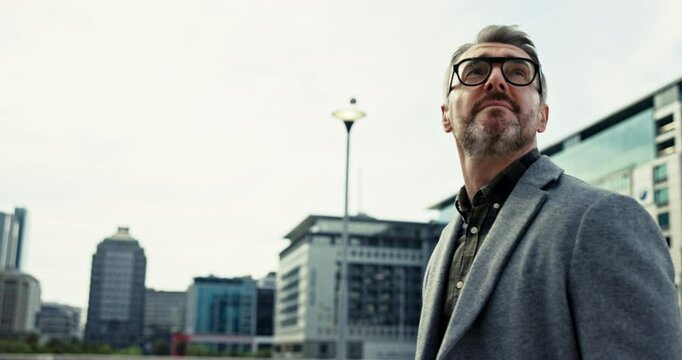 Thinking, corporate and man in city outdoor for morning commute, career ambition and lawyer decision. Contemplating, mature attorney and urban travel with professional opportunity and journey