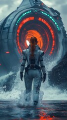 Fototapeta premium Astronaut Walking Towards a Large Spaceship