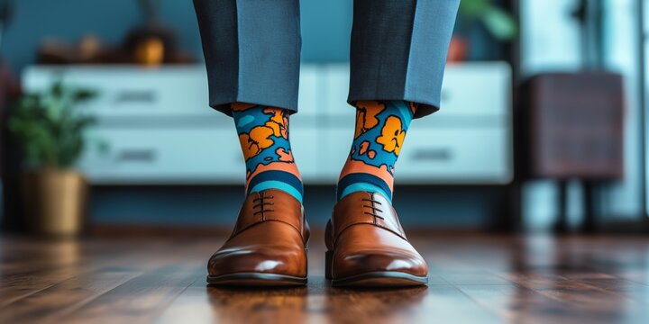 A businessman in a suit wearing colorful, patterned socks under formal shoes, set against a corporate office background