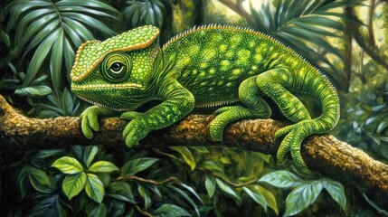 Fototapeta premium A Green Chameleon Resting on a Branch in Lush Foliage