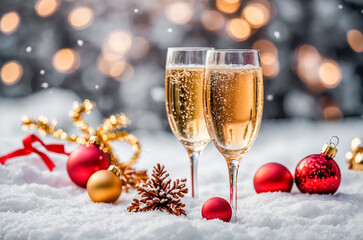 Two glasses of champagne and Christmas decorations on a defocused background with highlights and bokeh