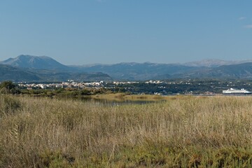 View from Alikes beach to the Corinthian Gulf, Ionian Sea and Aigio town. Peloponnese. Greece. Europe.