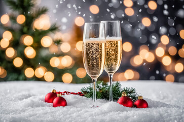 Christmas background with two glasses of champagne and Christmas balls