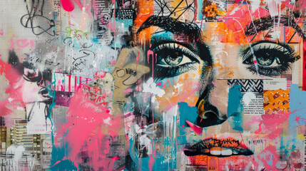 Fototapeta premium Colorful urban mural depicting a woman's face with vibrant graffiti art