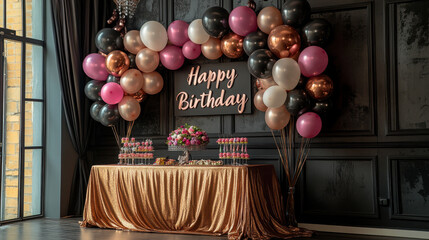 Black and pink balloon wall with "Happy Birthday" sign, a table of candy and flowers in front of it, a gold cloth on the floor. Balloons in various shades of rose gold, white, purple, silver.