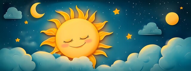 The sun and the moon in a cartoon style, with clouds in between them.