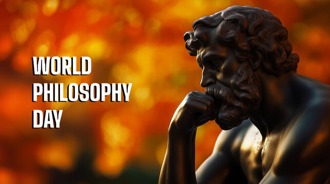 World Philosophy Day banner with statue of thinker in deep contemplation, ideal for education, events, and philosophical reflections or celebrations