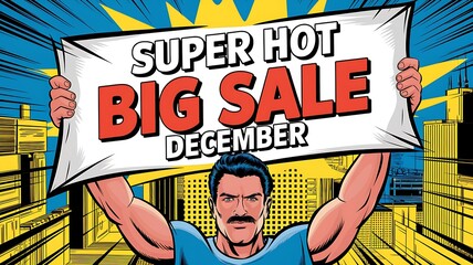 A Muscular Man in a Blue Shirt Holding a Sign That Reads Super Hot Big Sale December