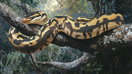 Obraz premium A Yellow-and-Black Snake Wrapped Around a Tree Branch