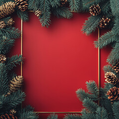 Golden frame with Red background, surrounded with christmasy decor: Pine trees and cones. Background for text