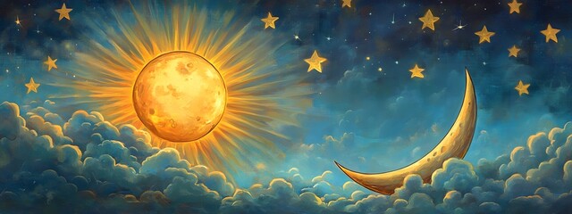 The sun and the moon in a cartoon style, with clouds in between them.