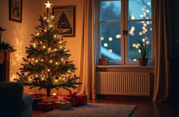 Christmas tree in the interior of a cozy living room, gifts under the tree, winter evening