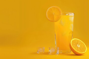 Glass of Orange Juice with Ice Cubes and Orange Slices on a Yellow Background